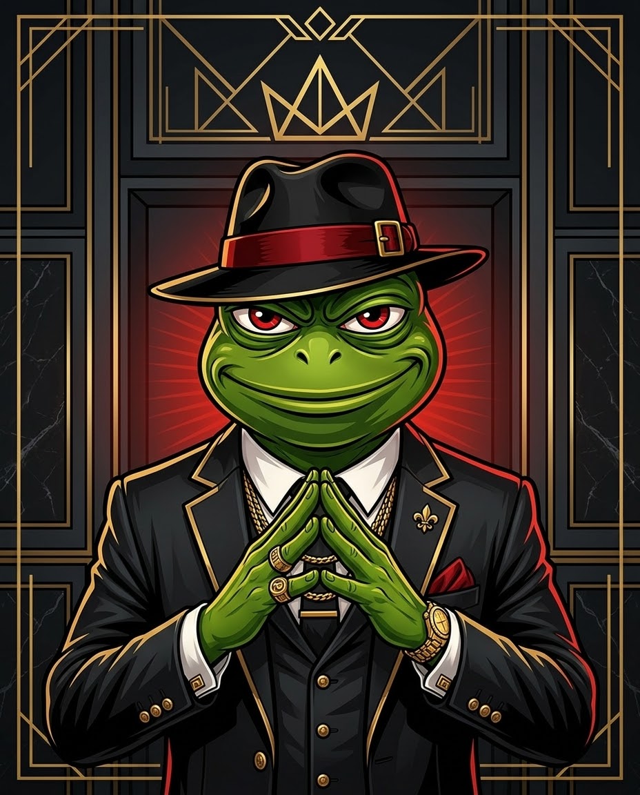 Portrait of the PepeCartel Boss seated at his desk in the cartel headquarters