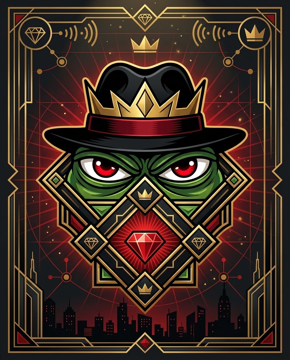 PepeCartel propaganda emblem with red eyes, gold crown and diamond motifs